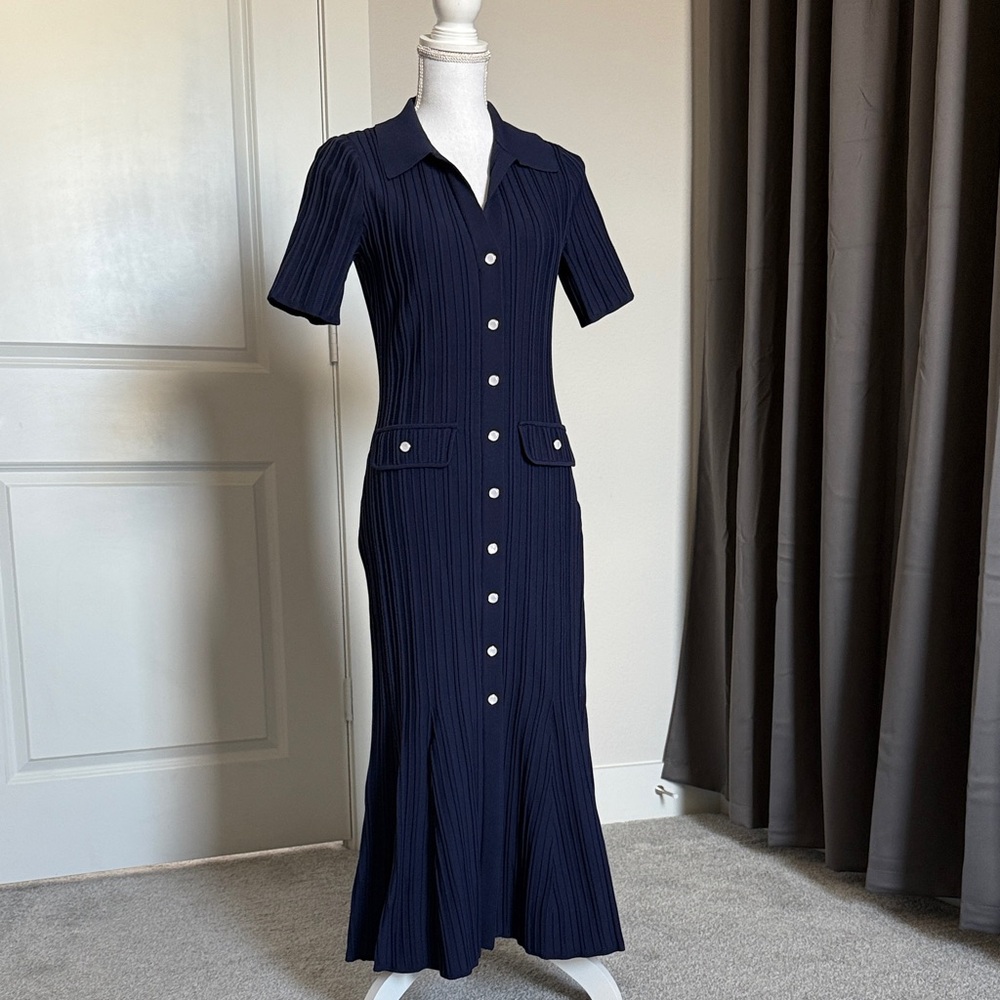 Shoshanna Navy Pleated Midi Dress